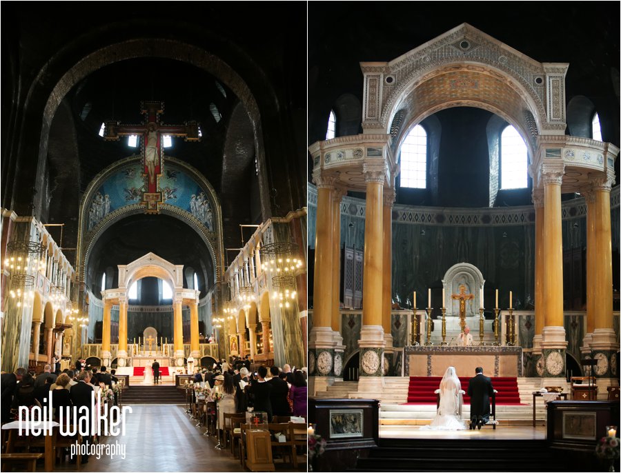 The inside of Westminster Cathedral in London during a wedding